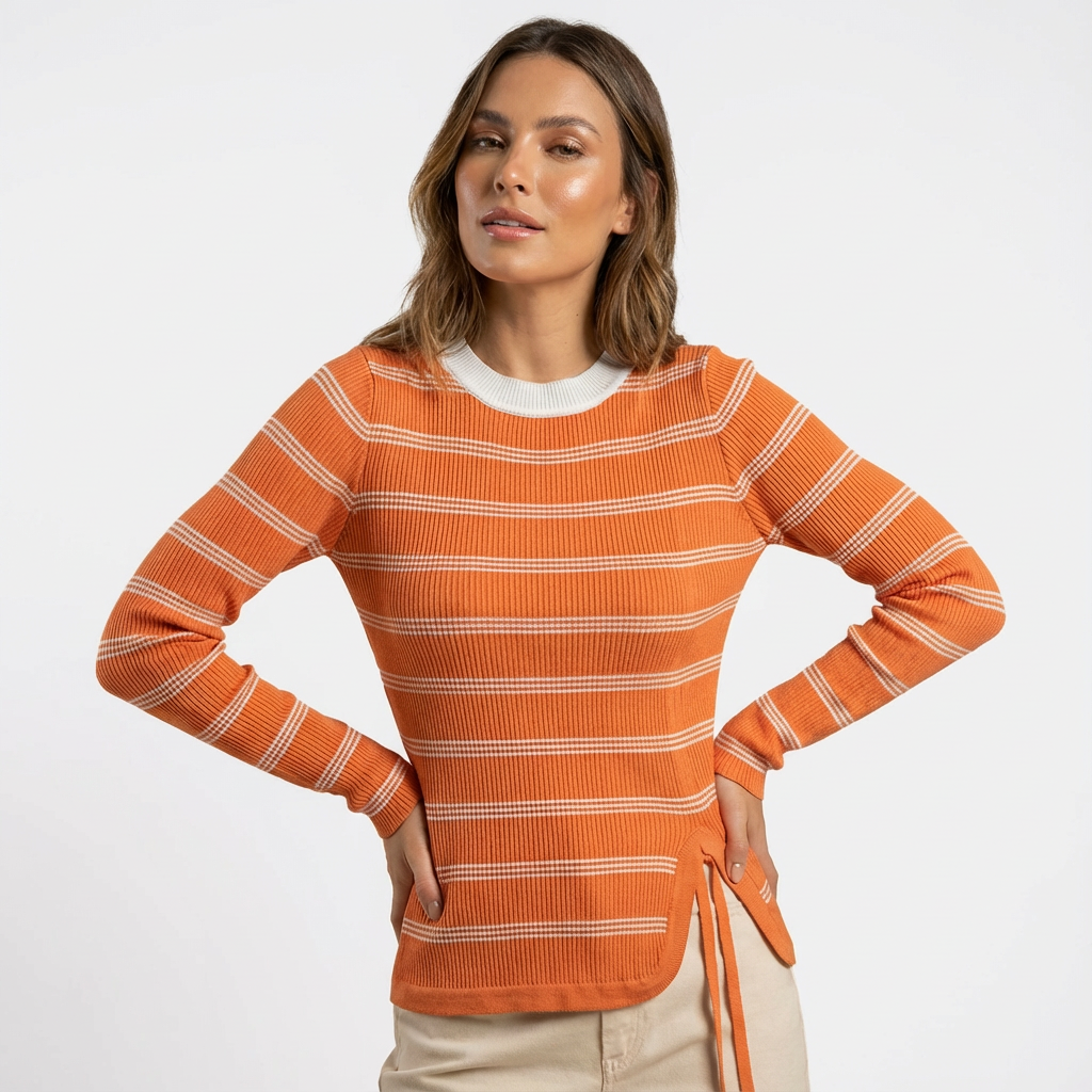 modern woman in orange stripe top white background